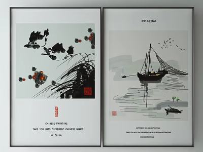 Traditional Chinese Ink Paintings with Lotus Bird Sailing Boat and Mountain Scenery 3d model
