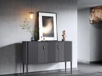 Modern Gray Sideboard with Gold Handles Decorative Painting Vase and Sculpture on Gray Wall 3d model