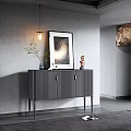 Modern Gray Sideboard with Gold Handles Decorative Painting Vase and Sculpture on Gray Wall