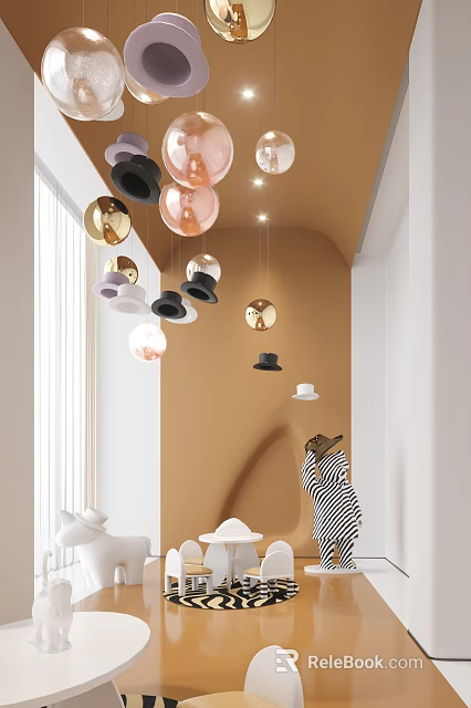 Elegant Modern Entertainment Room Interior With Metallic Spherical Pendant Lights And Decorative Elements 3d model