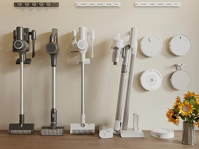 Various Styles Of Modern Household Vacuum Cleaners With Wall Storage And Decorative Flowers 3d model
