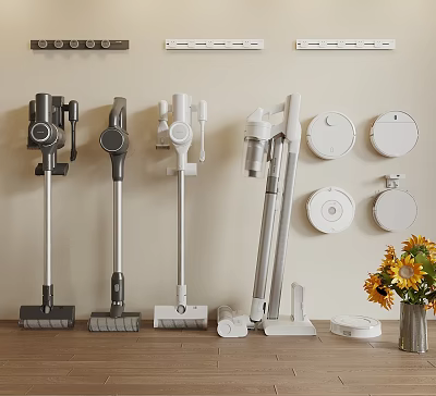 Various Styles Of Modern Household Vacuum Cleaners With Wall Storage And Decorative Flowers 3d model