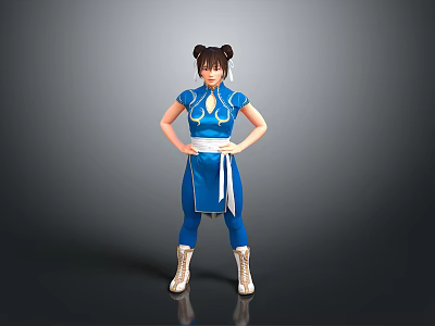 A Woman in Blue Martial Arts Outfit with Double Ponytail and Hands on Hips 3d model
