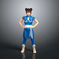 A Woman in Blue Martial Arts Outfit with Double Ponytail and Hands on Hips