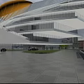 Modern Office Building With Streamlined Roof Glass Curtain Walls And Pedestrians
