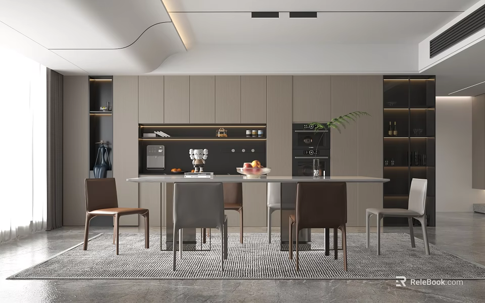 Modern Dining Living Room Interior With Open Layout Dining Table Cabinets And Neutral Tones 3d model