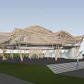 Scenic Outdoor Architectural Structure With Unique Roof Waterfront Walkway Greenery And Boats