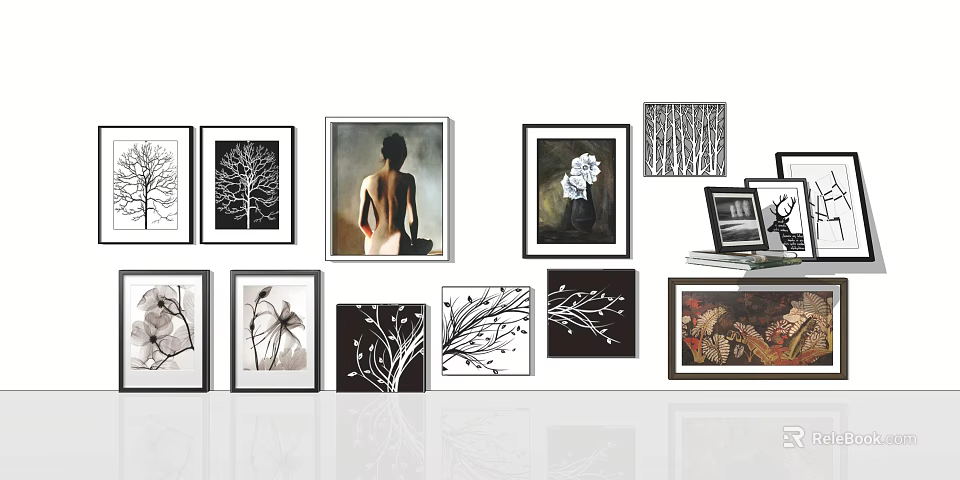 Modern Framed Wall Art With Black White Tree Floral Figure And Branch Designs 3d model 