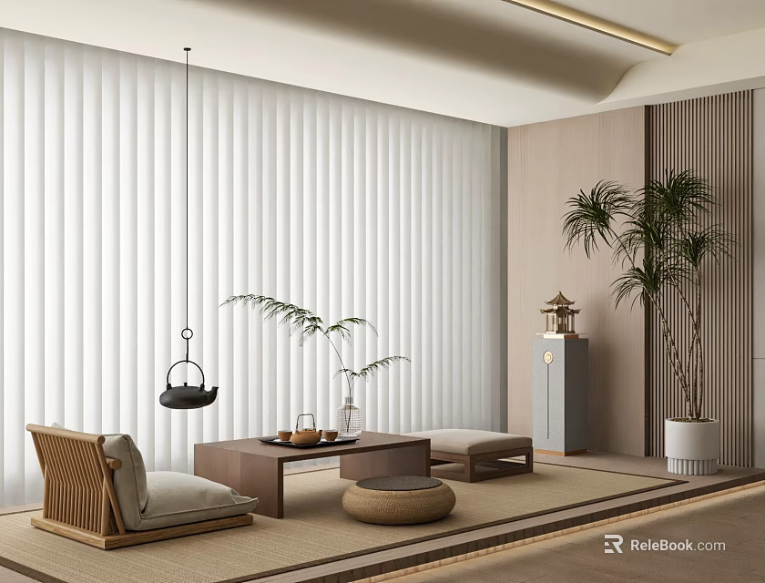 Home Balcony Interior With Rattan Furniture White Blinds And Green Plants 3d model 
