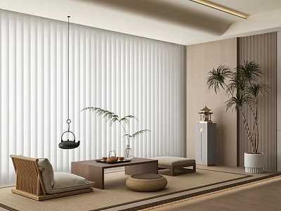 Home Balcony Interior With Rattan Furniture White Blinds And Green Plants 3d model