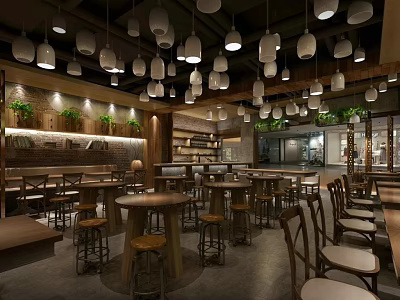 Cozy Café Interior With Hanging Lights Wooden Tables And Green Plants 3d model