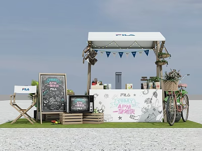 FILA Outdoor Booth Scene With White Tent Blackboard Sign Bicycle And Decorative Flags 3d model