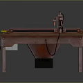 Mechanical Arm Cutting Machine On Wooden Worktable With Control Panel Colorful Pattern And Warning Stripes