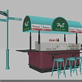 P&S Food Stall With Light Blue Awning Sign And Blue Stools Near Street Sign