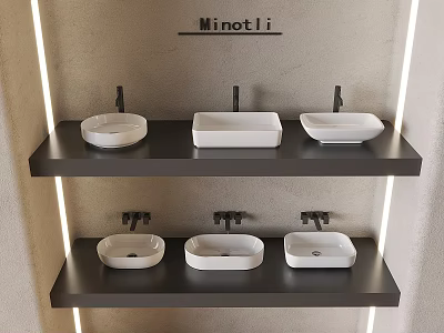 Modern Bathroom Interior With White Washbasins On Black Wall Mounted Shelves And Faucets 3d model