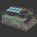Cartoon Scene of House With Blue Roof Solar Panels Wooden Balcony And Stone Base Reflection