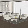 Modern Living And Dining Room With Plush White Sofa Round Coffee Table And Dining Chairs