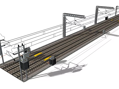 Railway Infrastructure With Tracks Overhead Power Lines Support Structures And Signal Equipment 3d model