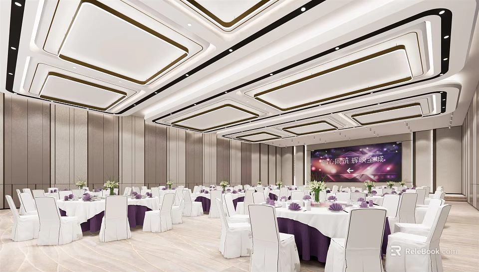 Elegant Banquet Hall with White Tables Purple Decor Square Ceiling and Large Screen 3d model 