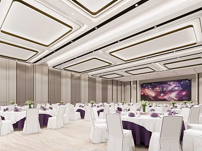 Elegant Banquet Hall with White Tables Purple Decor Square Ceiling and Large Screen 3d model