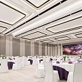 Elegant Banquet Hall with White Tables Purple Decor Square Ceiling and Large Screen 3d model