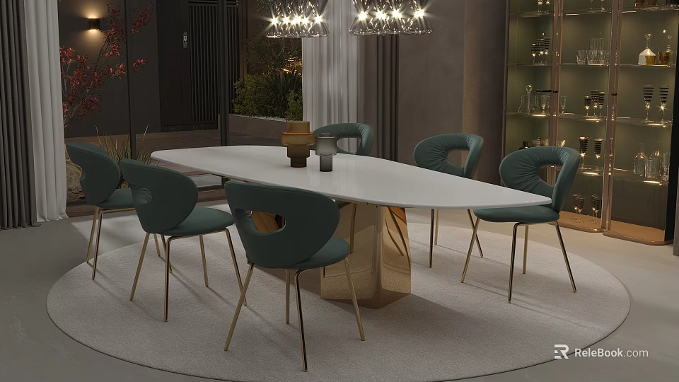 Modern Dining Room Interior With White Oval Table Green Chairs And Chandeliers 3d model 