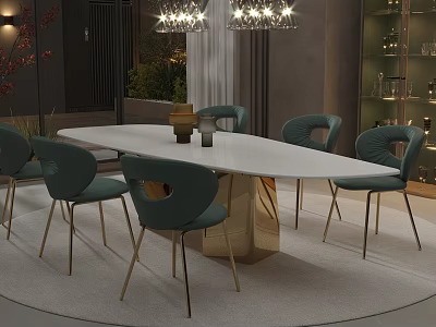 Modern Dining Room Interior With White Oval Table Green Chairs And Chandeliers 3d model