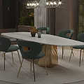 Modern Dining Room Interior With White Oval Table Green Chairs And Chandeliers