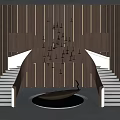 Modern Curved Stairs Design With Vertical Stripes Hanging Chandeliers And Polished Floor