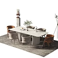 Modern Dining Table Set With Marble Top And Mixed Color Chairs On Area Rug 3d model