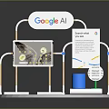 Google AI Electronic Device Display Stand With Info Boards Chart Blue Cup And Green Base