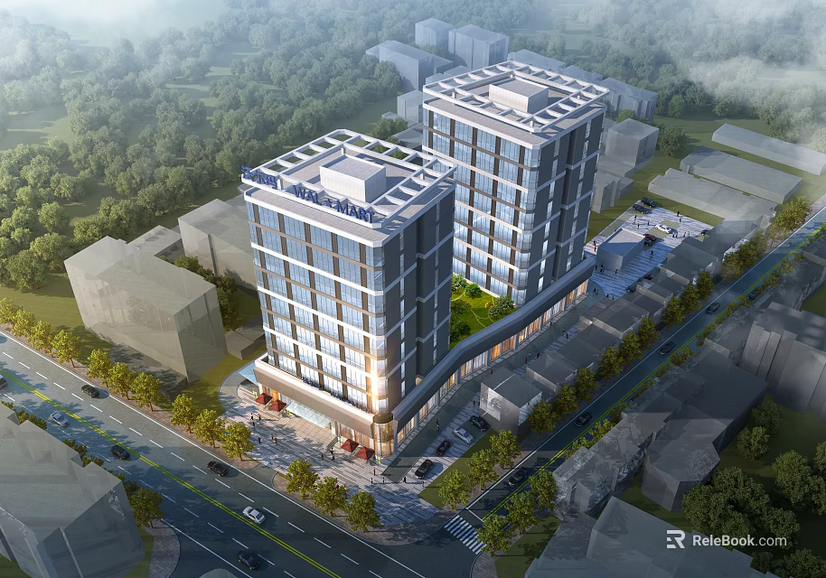 Modern Commercial Street with Tall Buildings Greenery Shops and Surrounding Roads 3d model 