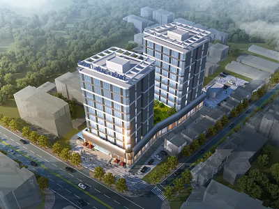 Modern Commercial Street with Tall Buildings Greenery Shops and Surrounding Roads 3d model