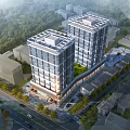 Modern Commercial Street with Tall Buildings Greenery Shops and Surrounding Roads