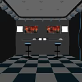 Modern Gaming Room Interior With Dual Monitors Blue Checkered Floor And Bar Stools