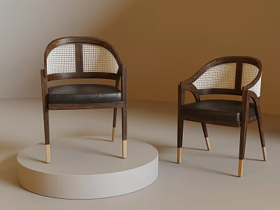 Modern Accent Chairs With Wooden Frame Rattan Backrest Black Leather Seat And Gold Metal Legs 3d model