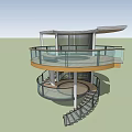 Modern Garden Landscape Featuring Circular Glass Wood Observation Structure With Lawn And Trees
