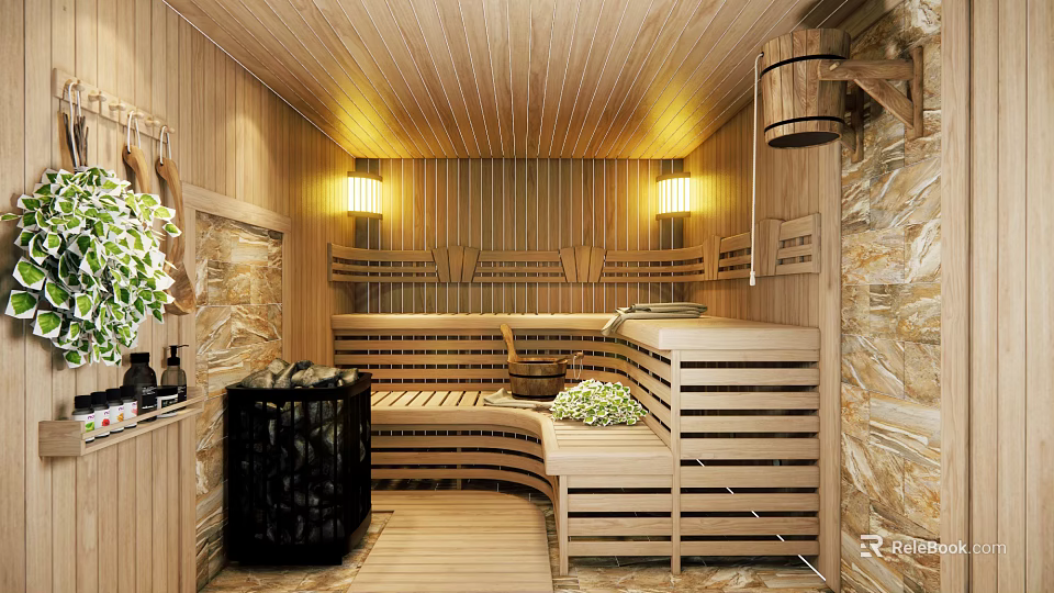 Wooden Sauna Room Interior Design With Wooden Benches Stone Walls Warm Lighting And Wooden Bucket 3d model 