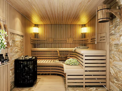 Wooden Sauna Room Interior Design With Wooden Benches Stone Walls Warm Lighting And Wooden Bucket 3d model