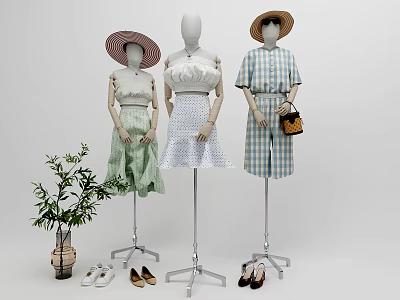Three Mannequins Wearing Stylish Hats Dresses And Checkered Outfit With Matching Shoes And Potted Plant 3d model