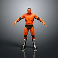 Shirtless Male Wrestler In Black Trunks With Wristbands And Checkered Boots On Gray Background