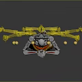 Silver Mechanical Character With Red Sash Yellow Energy Arms And Golden Orbs