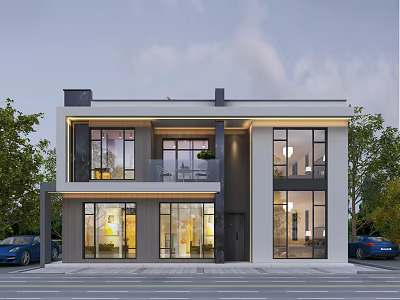 Modern Two Story Detached Villa Exterior Design With Large Glass Windows And Balcony 3d model