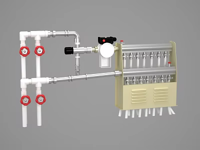 Kitchenware Plumbing System With White Pipes Red Knobs And Beige Filter Unit 3d model