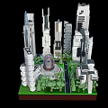 Cartoon Futuristic City Scene With Tall Buildings Green Areas And Circular Structure 3d model