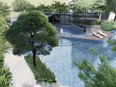 Serene Garden Landscape Design With Swimming Pool Lush Trees Stone Pathway And Loungers 3d model