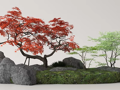 Vibrant Red Maple Tree with Green Trees Rocks and Grass in Natural Landscape 3d model