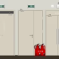 Gray Safety Exit Doors With Green Signs And Red Fire Extinguisher Cabinet