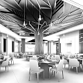 Elegant Modern Restaurant Interior With Wooden Tree-like Ceiling Dining Tables And Pendant Lights