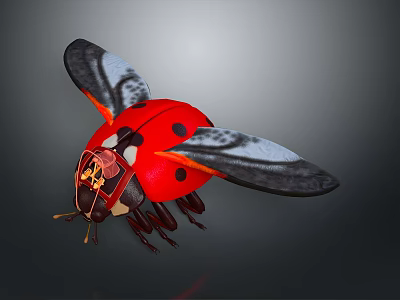 Red Ladybug with Black Spots Displaying Open Wings in Flight Pose 3d model